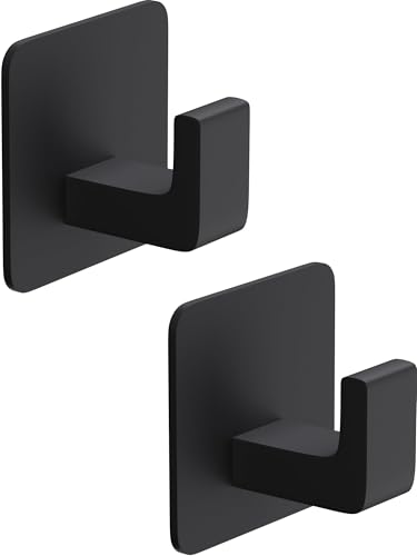 GWAAZXGZ Square Self Adhesive Towel Hooks - 2 Pack Matte Black Metal Hooks, Right-Angle Design for Towels, Robes & Hats, Organize Bathroom, Kitchen, Entryway, Doors, Cabinets on Smooth Surfaces - color: Black, size: 2 Pack