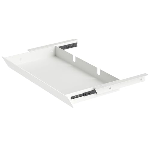 White Large Under Desk Mounted Sliding Drawer with 2 Cable Hole and 60 Degree Tilt Panel to Pull Out, 22.4'' Long & 9.2'' deep Large Storage Organizer for Sit Stand Workstation - color: White, size: L
