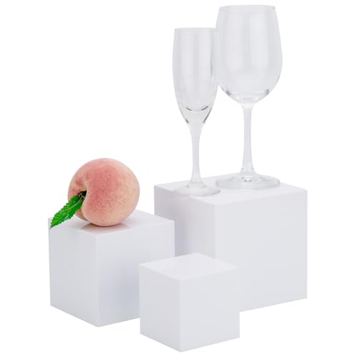 Clisela 3pcs Acrylic Cube Display Stands Box Risers White 3" 4" 5" | Food Risers for Buffet Table w/Hollow Bottoms, Decorative Display Stand Shelf for Dessert Collectibles Jewelry Figures Show - size: (3,4,5)"- White