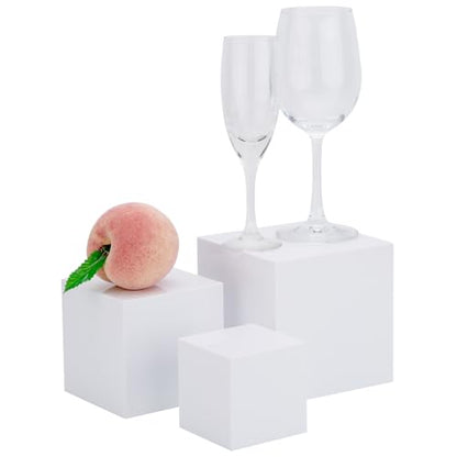 Clisela 3pcs Acrylic Cube Display Stands Box Risers White 3" 4" 5" | Food Risers for Buffet Table w/Hollow Bottoms, Decorative Display Stand Shelf for Dessert Collectibles Jewelry Figures Show - size: (3,4,5)"- White