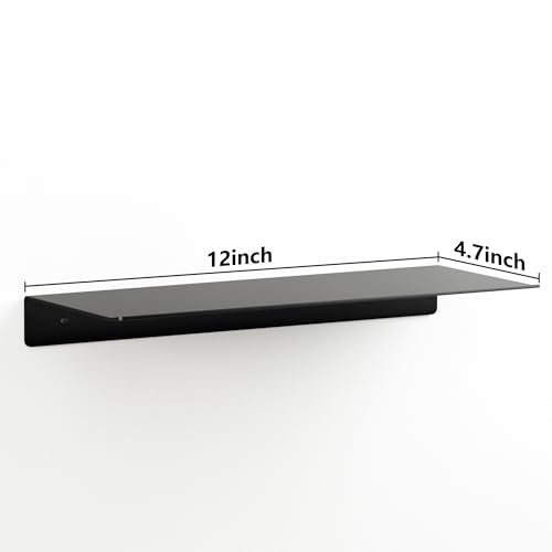 Metal Floating Wall Shelves - Small Wall Mounted Display Shelf for Collectibles, Mini Hanging Shelves Set for Bathroom, Bedroom, Kitchen & Living Room Decor (Black, 12 in-3 Pcs) - size: 12 IN-3 Pcs