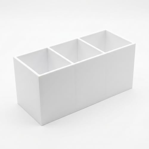 White Acrylic Pen Holder for Desk, 3-Slot Desktop Organizer & Pencil Cup, Makeup Brush Holder for Countertop, Multi-functional Pen Pencil Brushes Holders Caddy (Glossy White)