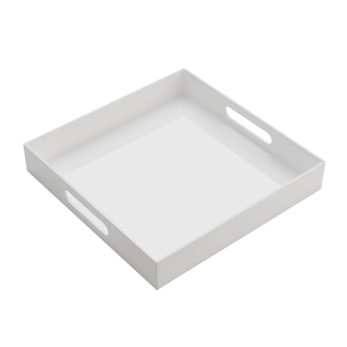 Glossy White Acrylic Serving Tray with Handles-Butler Trays for Coffee Table, Snacks,Breakfast in Bed, Kitchen Countertop,Vanity,Makeup Organizer,Ottoman (White, 12x12 Inches) - color: White, size: 12" x 12" x 2"