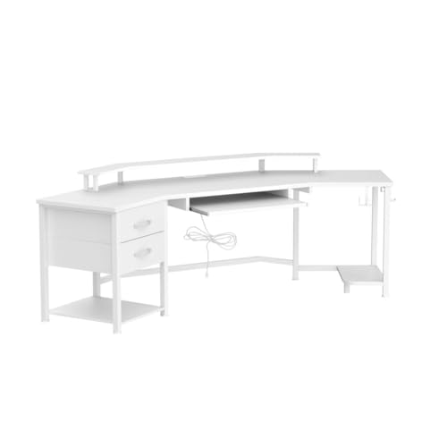 SEDETA 79" Gaming Desk, Computer Desk with 2 Fabric Drawers & LED Light, White Small Desk with Storage for Home Office, Carbon Fiber White - color: Carbon Fiber White