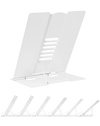 Large Book Stand Metal for Reading, Desktop Book Holder Adjustable Document Cookbook Holder Portable Bookstands for Textbooks Tablet Music Books Recipe (White) - color: White