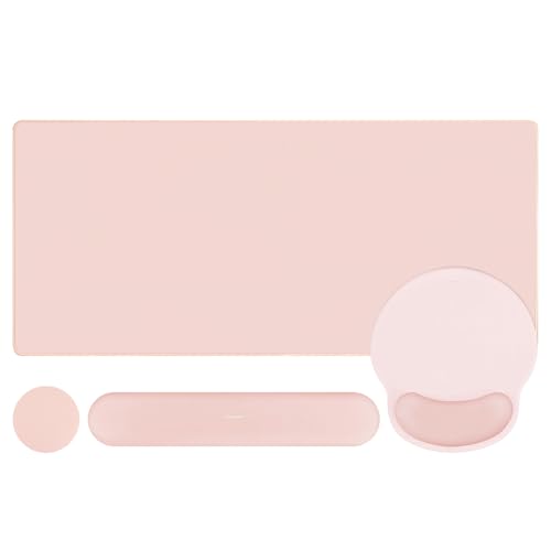 MOSISO Wrist Rest for Keyboard Mouse Pad Set, Large Gaming Deskpad&Circle Curved Mousepad&Keyboard Wrist Rest&Coaster, Ergonomic Non-Slip Mousepad&Easy Typing Pad with Silicone Lining, Baby Pink - color: Baby Pink