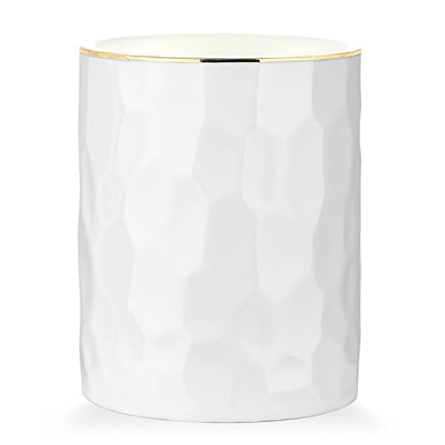 WHJY Ceramic White Pencil Cup, Makeup brushes Holder, Gold Pen Holder for Desk Cute Small Boho Brush Holder, Modern Geometry Design Pen Holder - color: White