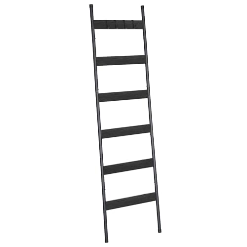 HOOBRO Blanket Ladder, 6-Tier Towel Rack with Hooks, Wall-Leaning Blanket Rack, Decorative Display Ladder Shelf, Scarves, Industrial, Living Room, Bedroom, Black BB66CJ01 - color: Black + Black, size: 17.3"L x 72.6"W