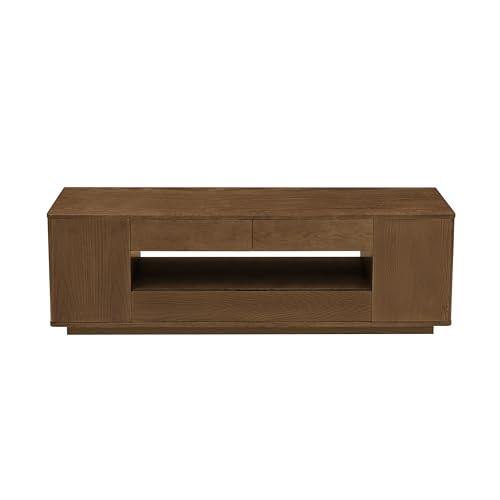 LKTART 59" Mid-Century Modern TV Stand, Solid Wood Veneer Entertainment Center with Storage Drawers & Cable Management,Eco-Friendly Paint Finish Media Console for 50/55/60/65 inch TVs,Walnut - color: 59" Walnut