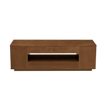 LKTART 59" Mid-Century Modern TV Stand, Solid Wood Veneer Entertainment Center with Storage Drawers & Cable Management,Eco-Friendly Paint Finish Media Console for 50/55/60/65 inch TVs,Walnut - color: 59" Walnut