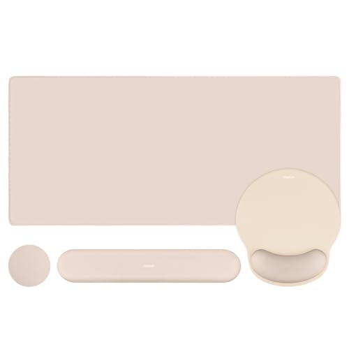 MOSISO Wrist Rest for Keyboard Mouse Pad Set, Large Gaming Deskpad&Circle Curved Mousepad&Keyboard Wrist Rest&Coaster, Ergonomic Non-Slip Mousepad&Easy Typing Pad with Silicone Lining, Apricot - color: Apricot