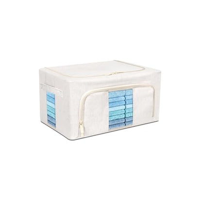 Foldable Clothes Storage Bins with Solid core powder-coated steel fram, 24/ 66L Storage Bags Fabric Box Organizer with Clear Window Zippers Sturdy Handles 2 Pack (Beige, 24L 1Pack) - size: 24L 1Pack