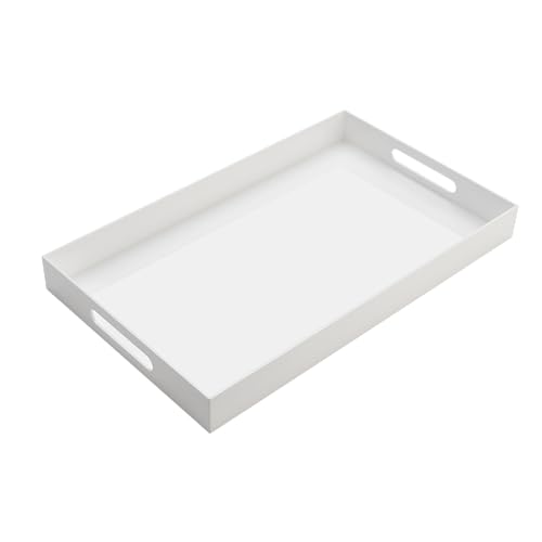 Glossy White Acrylic Serving Tray with Handles-Butler Trays for Coffee Table, Snacks,Breakfast in Bed, Kitchen Countertop,Vanity,Makeup Organizer,Ottoman (White, 12x20 Inches) - color: White, size: 20" x 12" x 2"