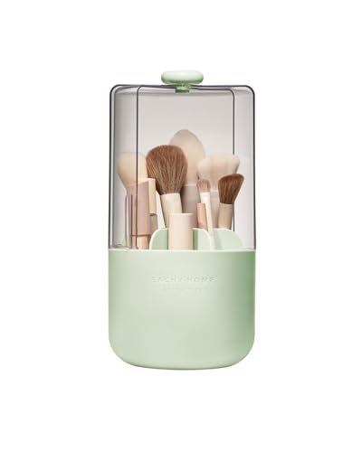 EACHY Makeup Brush Holder with Lid, Rotating Makeup Brush Organizer, Green | Dustproof Lid, 7 Compartments, Waterproof Plastic, Vanity Makeup Organizer for Brushes - color: Green