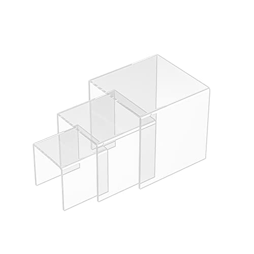 Sezanrpt Square Acrylic Display Risers 3pcs, Clear Showcase Shelves for Collectibles, Funko Pop Figures, Perfumes, Cupcake, Candy Dessert - 3''x4''x5''