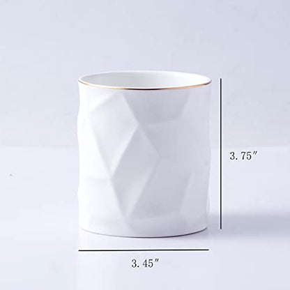 Ceramic Irregular Round Pen Holder For Desk Cute Stand Gold Line Pencil Cup Pot Desk Organizer for Girls Makeup Brush Holder (White) - color: White