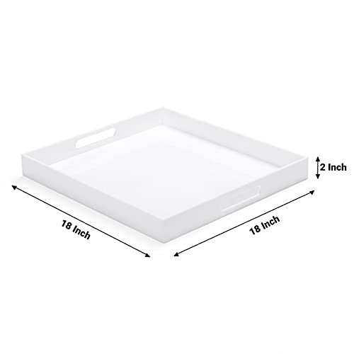 White Acrylic Large Ottoman Tray with Handles 18"x18"x2" Spill Proof Serving Tray Rubber Boot Organizer Tray Decorative for Living Room Bedroom Kitchen Entryway Coffee Table Countertop - color: White, size: 18" x 18" x 2"
