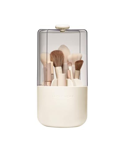 EACHY Makeup Brush Holder with Lid, Rotating Makeup Brush Organizer, Beige | Dustproof Lid, 7 Compartments, Waterproof Plastic, Vanity Makeup Organizer for Brushes - color: Beige