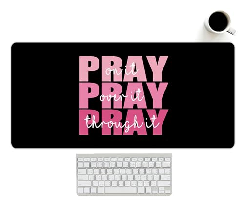 Pink Christian Mouse Pad, Black Pink Desk Mat Pads, Pray Over it Pray Through it Religious Bible Verses Computer Mat for Desk Cute Jesus Mousepads for Office Church Gifts for Women Girls 23.6x11.8 - color: Black Pink Pray on it Mid, size: 23.6L x 11.8W in