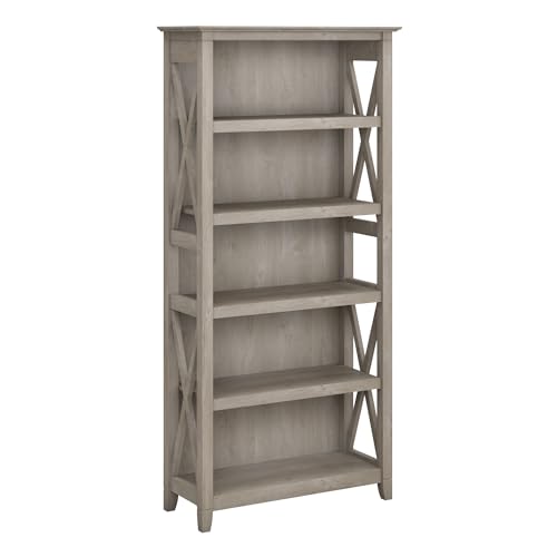 Bush Home Tall 5 Shelf Bookcase for Living Room or Home Office, Large Bookshelf, Modern Farmhouse Style, Key West Collection, Washed Gray - color: Washed Gray, size: 5 Shelf