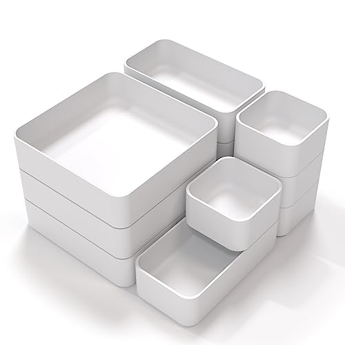 CHANCETSUI 11-Piece Stackable Drawer Organizer Set, Multi-size Desk Drawer Organizer Trays Vanity Storage Bins for Storing Makeup, Stationery, Utensils in Bathroom Dresser, Office and Kitchen - color: White