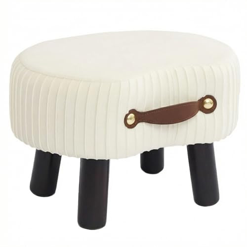 Foot Stools Small, White Ottomon with Handle, Velvet Footrest | Curved Foot Stool with Padded Seat Wooden Legs, Portable Foot Rest for Living Room, Bedroom, Entryway (White) - color: Bright White