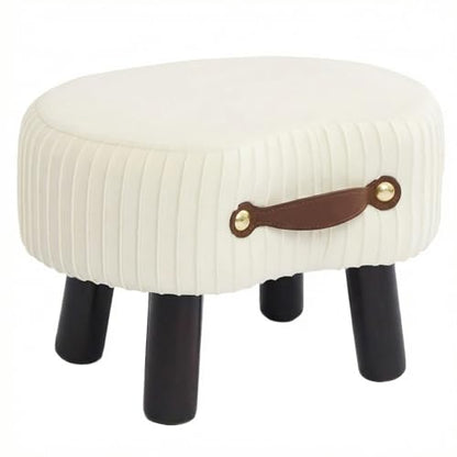 Foot Stools Small, White Ottomon with Handle, Velvet Footrest | Curved Foot Stool with Padded Seat Wooden Legs, Portable Foot Rest for Living Room, Bedroom, Entryway (White) - color: Bright White