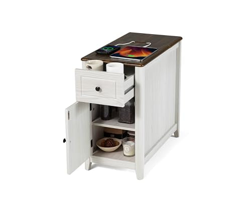 Farmhouse End Table with Charging Station, USB-C, Narrow Side Table with Storage Cabinet and Deep Drawer, Small Nightstand with Hidden USB Ports and Outlets for Living Room, Bedroom, Office, White - color: Light Oak, size: 24" Leg