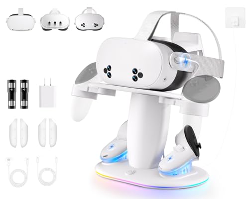 Fast Charging Dock for Meta Quest 3/3s/2 vr Headset and Magnetic Charger for Controllers Simultaneously, RGB Charging Station & Display Stand with Rechargeable Batteries 2pcs and UL AC Adapter