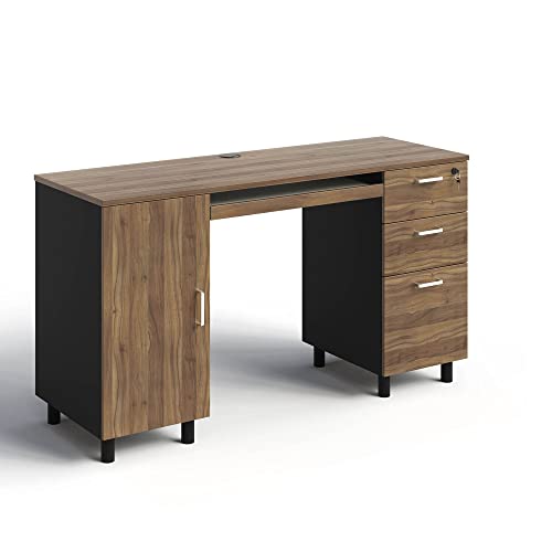 Modern Design Venice Computer Desk with Lockable Drawers, 53 Inch Home Office Desk with Storage Cabinet, Keyboard Tray & Cable Management, Modern Study Writing Desk for Small Spaces, Walnut and Black - color: Walnut Black