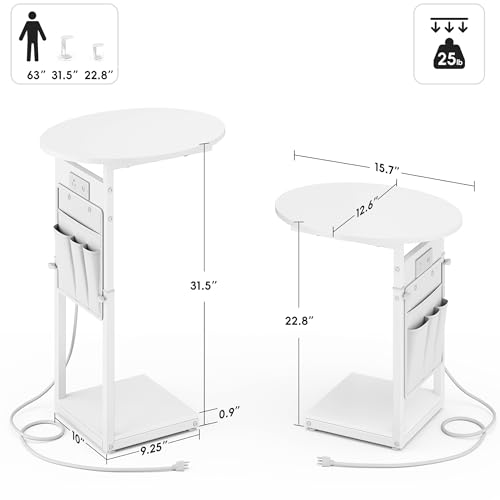 Vagusicc C Shaped End Table with Charging Station, 32" Tall Side Table for Couch and Recliner, Adjustable Height Small Couch Side Table Slide Under Sofa TV Tray Table for Living Room, Bedroom, White - color: White, style: Charging Station
