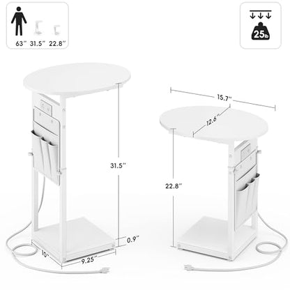 Vagusicc C Shaped End Table with Charging Station, 32" Tall Side Table for Couch and Recliner, Adjustable Height Small Couch Side Table Slide Under Sofa TV Tray Table for Living Room, Bedroom, White - color: White, style: Charging Station