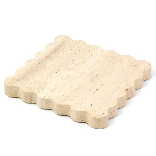 Square Travertine Vanity Tray with Scalloped Edge - Natural Stone Perfume Tray Decor for Dresser, Vanity, Kitchen, Home Decor, Decorative Square Stone Tray - Travertine 8 * 8 inch - color: Travertine