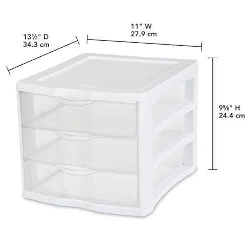 Sterilite 4-Pack 3 Drawer Unit, Stackable Plastic Organizer with Drawers, White Frame - Multi-Purpose Countertop Storage Containers for Office Supplies, Craft Rooms, Classrooms and Home Organization