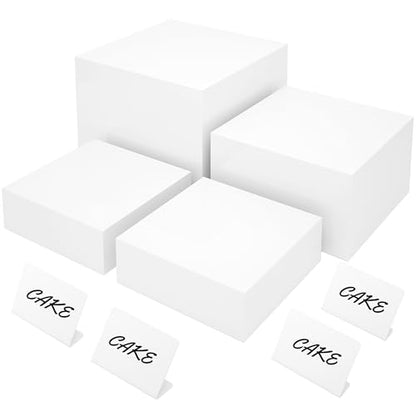 8” Buffet Risers with Mini Signs, Buffet Table Risers and Stands, Acrylic Cube Display Box for Catering Party Table Food Display, Dessert, Cakes - White, Set of 4 Boxes (4 Pack) - color: 4 Pack