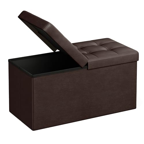 SONGMICS MAZIE Collection - 30 Inches Storage Ottoman Bench with Flipping Lid, Storage Chest Footstool, Load 660 lb, for Entryway, Living Room, Bedroom, Synthetic Leather, Brown ULSF45BR - color: Brown, size: 15"D x 30"W x 15"H