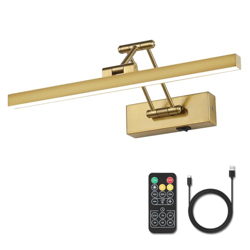 Rechargeable Lights for Pictures on wall Battery Operated Brass 15.7 Inch Wall Lights with Swing Arm and Timer Function Cordless Art Light with Remote Timer for Paintings,Gallery - color: Battery Operated Brass, size: 15.7 inch