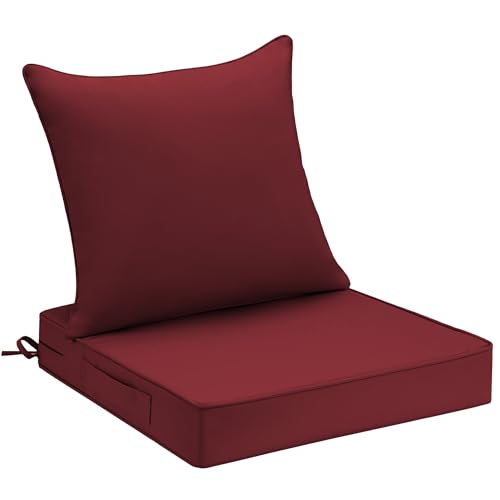 UNIKOME 22"x22"x3" Outdoor Chair Cushions Set - Waterproof Patio Cushions for Outdoor Furniture with Removable Cover, Ties & Handle, Deep Seat Patio Cushions for Sofa Couch - Burgundy - color: Burgundy, size: 22 x 22 x 3 Inch