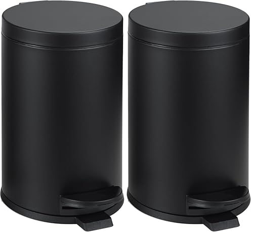 SunnyPoint 4.5 Liter(1.2 Gallon) Small Round Trash Can with Plastic Inner Bucket; Bathroom, Office, Kitchen and Bedroom Step On and Slow Close (BLK) (Pack of 2) - color: BLK, size: Small (Pack of 2)