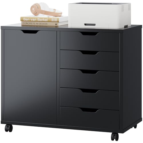 DUMOS 5 Drawer File Cabinet Office Drawers Organizer with Wheels, Under Desk Cabinets with Shelves and Door Printer Stand with Wood Board Metal Frame for Home Office Storage Craft Room, Classic Black - color: Classic Black, size: 5-Drawer