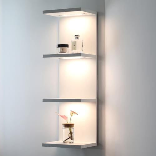 4 Tier LED Wall Shelf - Modern Floating Shelves for Makeup Vanity, Bedroom, Living Room | Easy Install Cosmetic & Display Lack Shelf, White - color: 4l-white