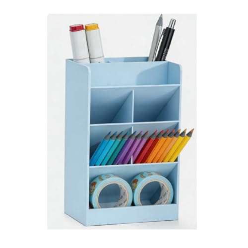 Tissting Slanted Desk Organizer Blue 7 Compartments - Space Saving Pen Holder for Office School Supplies with Multi-Use Storage Compartments for Stationery, Cosmetics, and Jewelry Organization - color: Blue