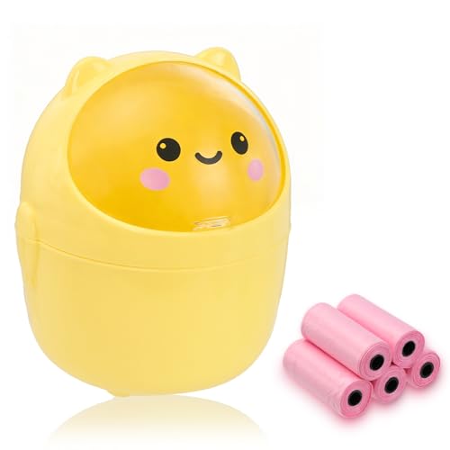 Mini Trash Can, Cute Small Trash Can with Lid, Desktop Paper Bin with 5 Rolls of Bin Liners, Portable Tabletop Dustbin, Cartoon Animal Rubbish Storage for Office Bedroom Desk Kitchen(Yellow) - color: Yellow
