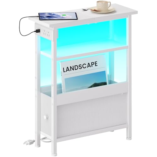 Creso hom Narrow Bedside Table with Charging Station and LED Light, Skinny Nightstand with USB Ports & Type-C, End Table with 1 Fabric Drawer, Slim Side Table for Bedroom, Nursery, Living Room, White - color: White, size: 7"D x 18.7"W x 24.8"H