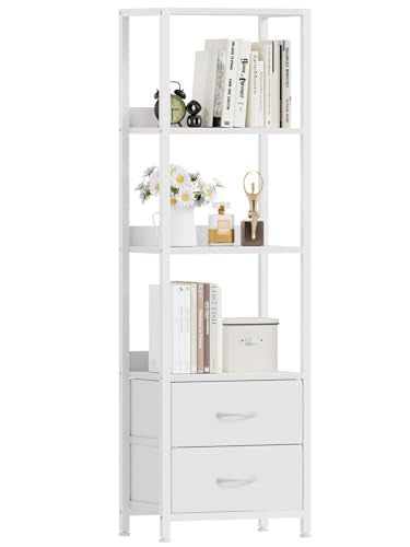 Furnulem 4-Tier Corner Shelf, Bookshelf with 2 Storage Drawers, 57.28”Tall Narrow Bookcase, Standing Shelf Organizer Unit for Living Room, Bedroom, Metal Frame, Wood Display Shelf - color: White, size: 4 Tier