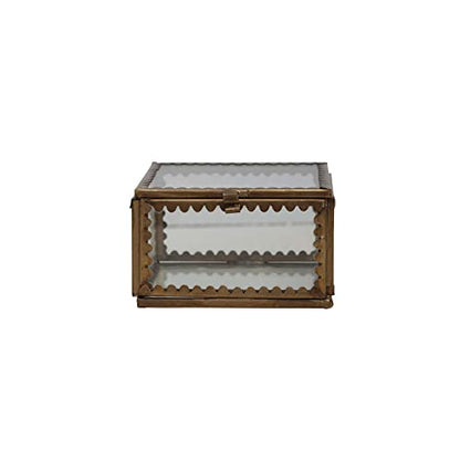 Creative Co-Op Brass and Glass Display Box with Scalloped Edges and Antique Finish, Brass Color - size: 3" Square x 1.75"H