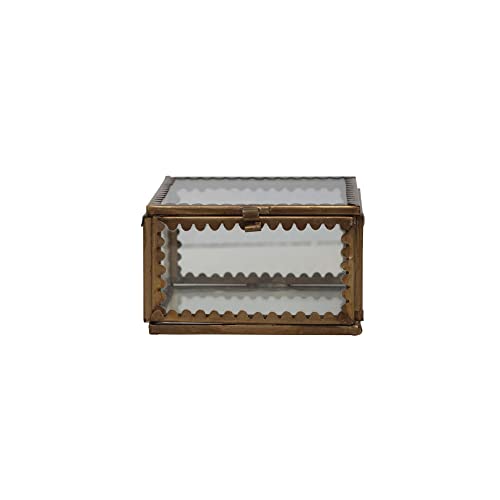 Creative Co-Op Brass and Glass Display Box with Scalloped Edges and Antique Finish, Brass Color - size: 3" Square x 1.75"H