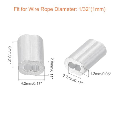 uxcell 100Pcs Aluminum Crimping Loop Sleeve for 1/32" Diameter Wire Rope, Double Ferrule Aluminum Wire Rope Sleeve for Cable Line End - size: 1/32"