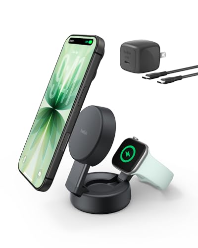 Belkin MagSafe Charger Compatible, 2-in-1 Wireless Charging Station, Qi2.2 25W Convertible Magnetic Charger for iPhone 17, Apple Watch Series 10, Google Pixel 10, and More (45W Adapter Included) - color: Black, style: 2 in 1
