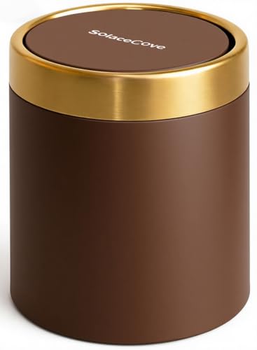 Countertop Trash Can with Lid for Desk Top,0.4 Gallon Stainless Steel Mini Trash Can for Desk、Car、Office、Kitchen,Swing Top Trash Bin with a Roll of Trash Bag(Brown) - color: Browm